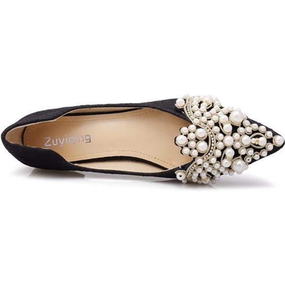 Pearl Decoration Flat Pointed Shoes Black - Picture 4 of 6